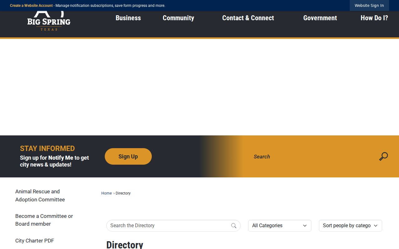Big Spring neighbors page showing the official city directory for community contacts