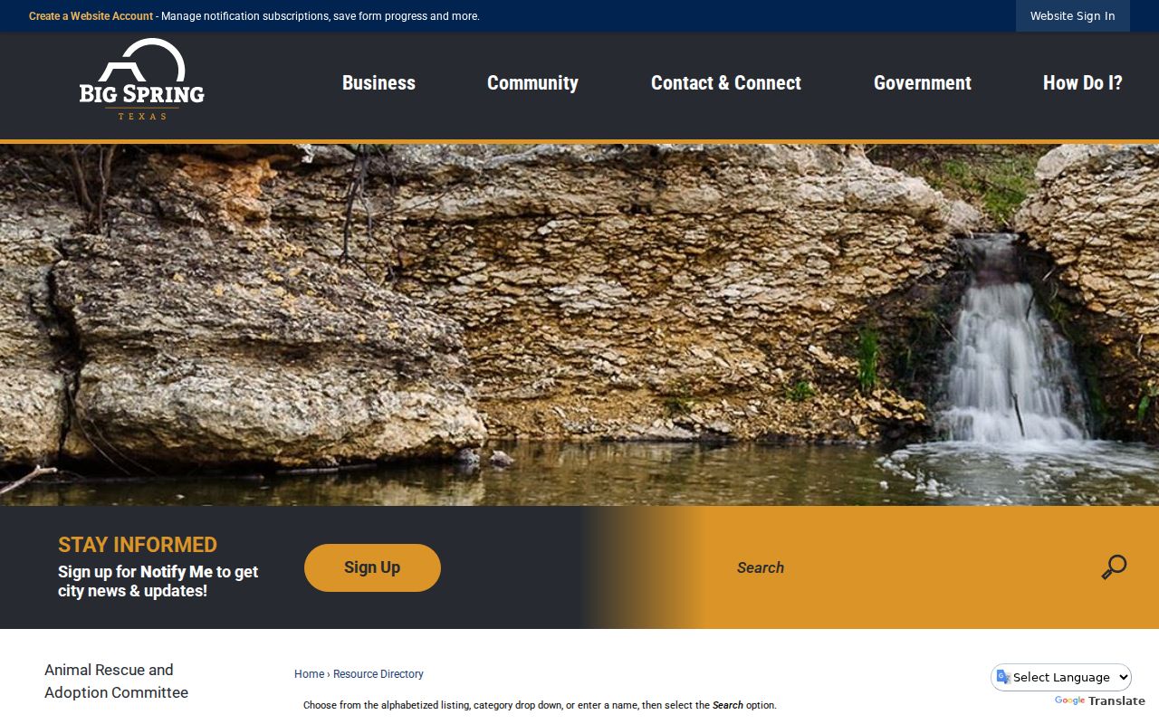 Big Spring neighbors page showing the city resource directory search options