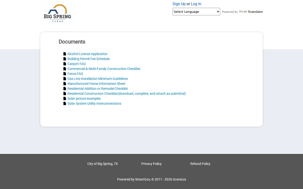 Big Spring street directory SmartGov permit documents