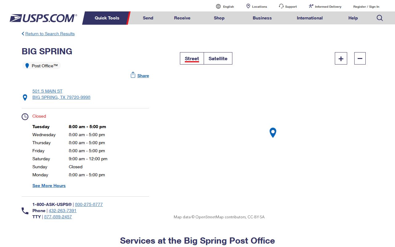 Big Spring ZIP code directory view of the USPS Big Spring Post Office listing